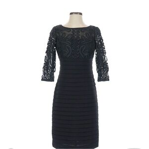 Adrianna Papell Black Lace Sheath Dress Boat Neck 3/4 Sleeve Cocktail Size 4